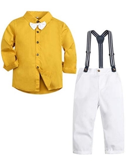 SANGTREE Baby Boys Clothes, Dress Shirt with Bowtie + Suspender Pants, 6 Months - 6 Years