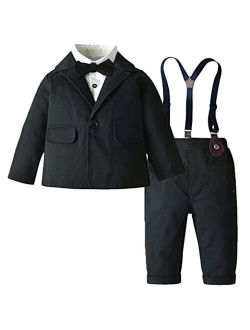 SANGTREE Baby Boys Clothes, Dress Shirt with Bowtie + Suspender Pants, 6 Months - 6 Years