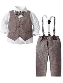 SANGTREE Baby Boys Clothes, Dress Shirt with Bowtie + Suspender Pants, 6 Months - 6 Years