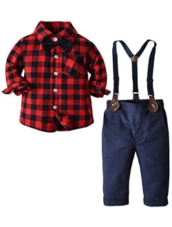 SANGTREE Baby Boys Clothes, Dress Shirt with Bowtie + Suspender Pants, 6 Months - 6 Years