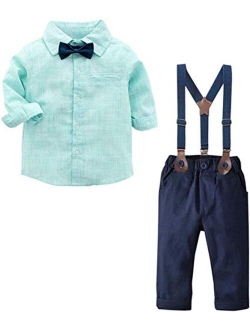 SANGTREE Baby Boys Clothes, Dress Shirt with Bowtie + Suspender Pants, 6 Months - 6 Years