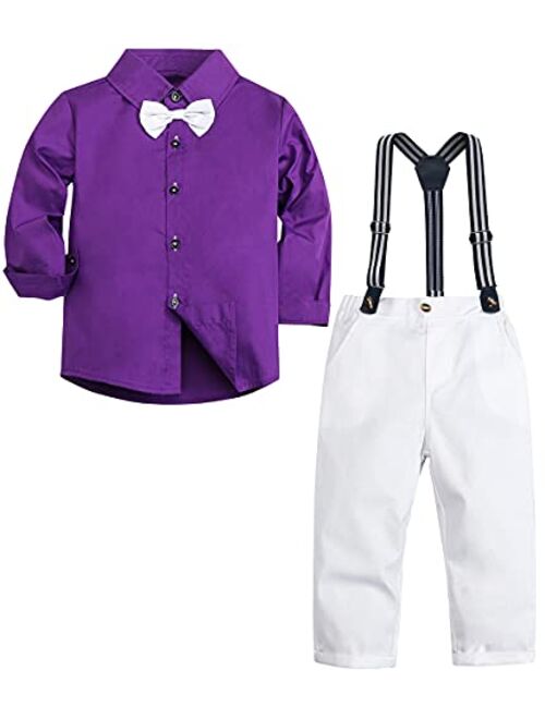 SANGTREE Baby Boys Clothes, Dress Shirt with Bowtie + Suspender Pants, 6 Months - 6 Years