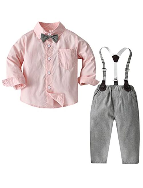 SANGTREE Baby Boys Clothes, Dress Shirt with Bowtie + Suspender Pants, 6 Months - 6 Years