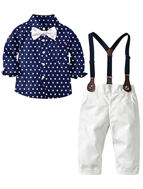 SANGTREE Baby Boys Clothes, Dress Shirt with Bowtie + Suspender Pants, 6 Months - 6 Years