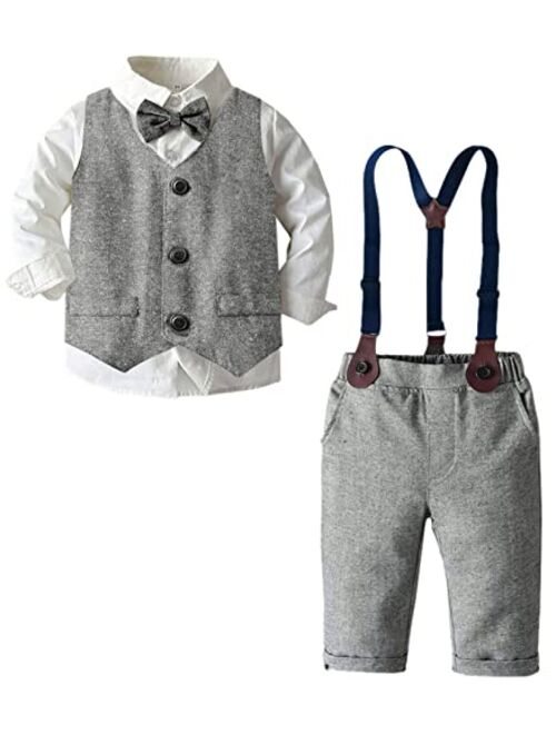 SANGTREE Baby Boys Clothes, Dress Shirt with Bowtie + Suspender Pants, 6 Months - 6 Years