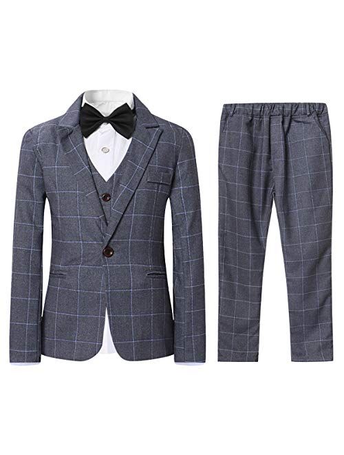 SWOTGdoby Boys Plaid Suits 3 Pieces Suit Set Blazer Vest Pants Formal 7 Colors for Wedding Party