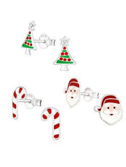 925 Sterling Silver (SET OF 3) Crystals Christmas Tree Santa Claus Candy cane Stud Earrings 28468