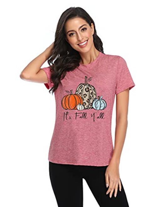 NANYUAYA Thanksgiving Shirts Womens Cute Leopard Pumpkin Graphic Tees Casual Fall Top Tees