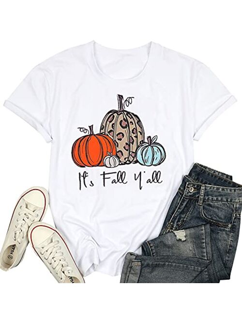 NANYUAYA Thanksgiving Shirts Womens Cute Leopard Pumpkin Graphic Tees Casual Fall Top Tees