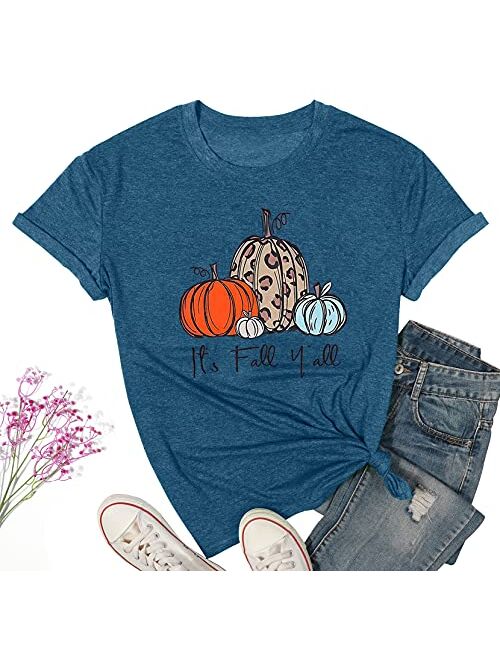 NANYUAYA Thanksgiving Shirts Womens Cute Leopard Pumpkin Graphic Tees Casual Fall Top Tees