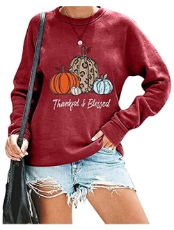 Womens Thanksgiving Shirt Thankful Blessed Sweatshirt Cute Leopard Pumpkin Pullover Shirt Casual Fall Long Sleeve Tops