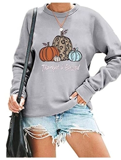 Womens Thanksgiving Shirt Thankful Blessed Sweatshirt Cute Leopard Pumpkin Pullover Shirt Casual Fall Long Sleeve Tops