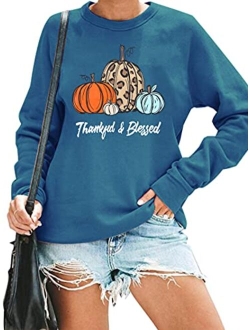 Womens Thanksgiving Shirt Thankful Blessed Sweatshirt Cute Leopard Pumpkin Pullover Shirt Casual Fall Long Sleeve Tops