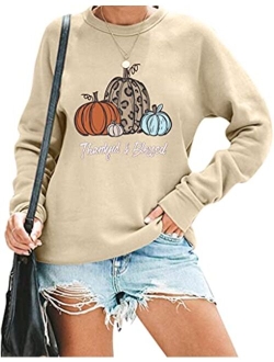 Womens Thanksgiving Shirt Thankful Blessed Sweatshirt Cute Leopard Pumpkin Pullover Shirt Casual Fall Long Sleeve Tops