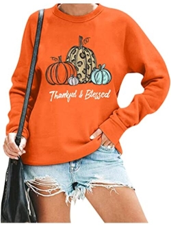 Womens Thanksgiving Shirt Thankful Blessed Sweatshirt Cute Leopard Pumpkin Pullover Shirt Casual Fall Long Sleeve Tops