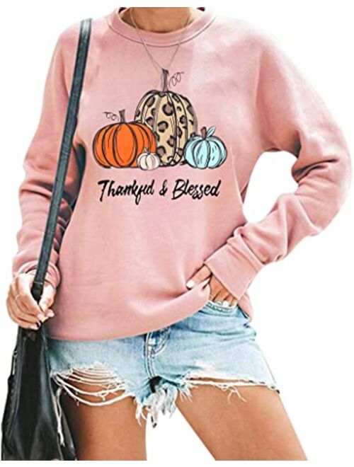 Womens Thanksgiving Shirt Thankful Blessed Sweatshirt Cute Leopard Pumpkin Pullover Shirt Casual Fall Long Sleeve Tops