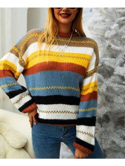 Lapentry Yellow & Blue Stripe Pullover Sweater - Women