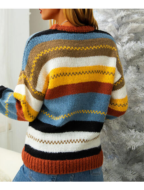 Lapentry Yellow & Blue Stripe Pullover Sweater - Women