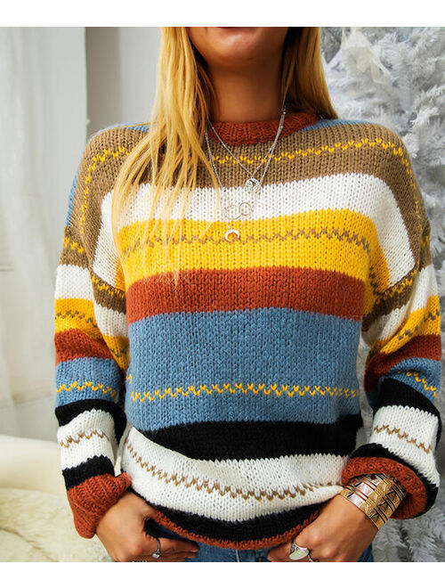 Lapentry Yellow & Blue Stripe Pullover Sweater - Women