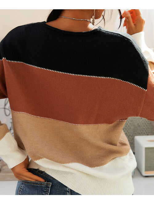 Lapentry Khaki & Black Color Block Knit Sweater - Women