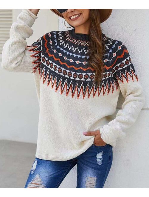 Lapentry White Fair Isle Contrast Mock Neck Sweater - Women