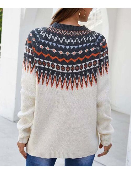 Lapentry White Fair Isle Contrast Mock Neck Sweater - Women