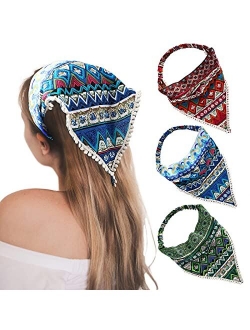 Boho Hair Bandanas Head Kerchief - 3Pcs Elastic Hair Scarves Headband with Fringe Trim Ethnic Bandana Headband Hair Kerchief with 2 Clips