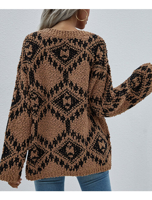 Vrkufie Brown Geometric V-Neck Sweater - Women