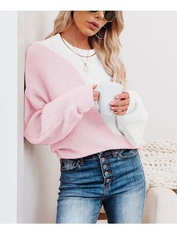 Floral Blooming Pink & White Color Block Knit Crewneck Sweater - Women