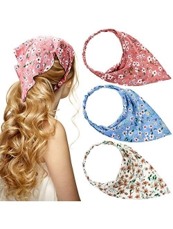 OIIKI 3 Pieces Floral Elastic Hair Scarf Headband, Boho Floral Style Chiffon Head Kerchief Headband with Hair Clips Triangle Hair Bandanas for Women Girls