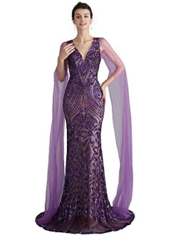 Ikerenwedding Women's V-Neck Sequins Mermaid Evening Dress with Sheer Sleeves