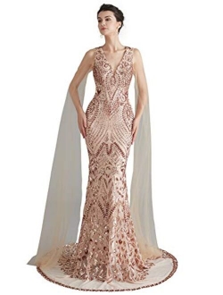 Ikerenwedding Women's V-Neck Sequins Mermaid Evening Dress with Sheer Sleeves