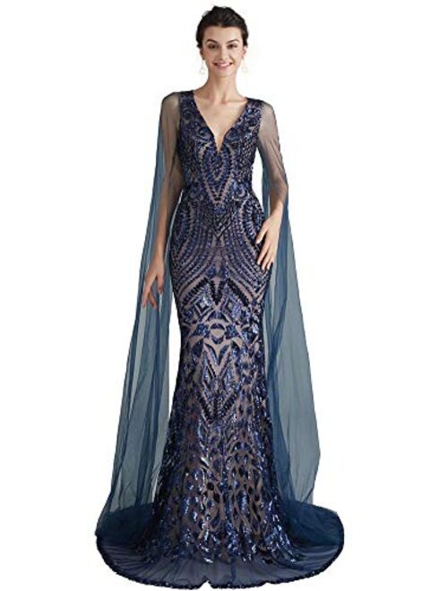 Ikerenwedding Women's V-Neck Sequins Mermaid Evening Dress with Sheer Sleeves