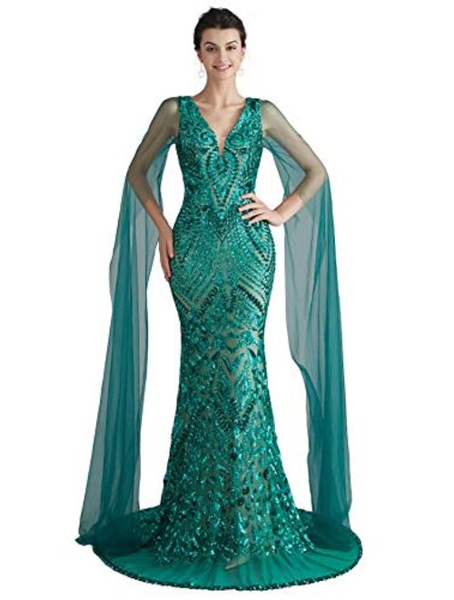 Ikerenwedding Women's V-Neck Sequins Mermaid Evening Dress with Sheer Sleeves