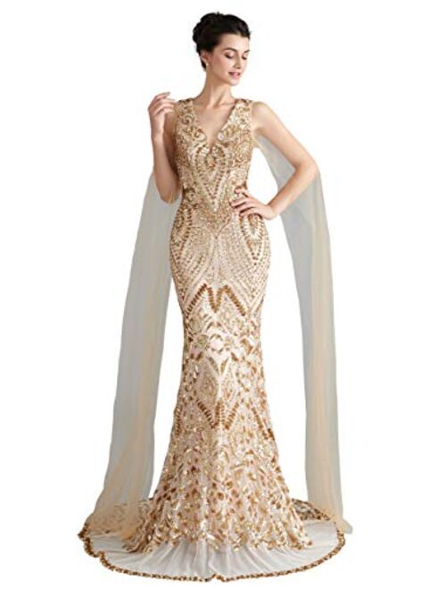 Ikerenwedding Women's V-Neck Sequins Mermaid Evening Dress with Sheer Sleeves