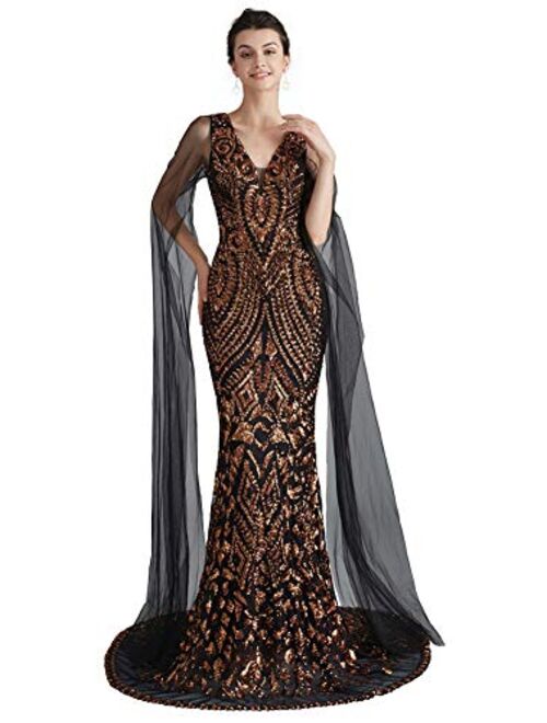 Ikerenwedding Women's V-Neck Sequins Mermaid Evening Dress with Sheer Sleeves