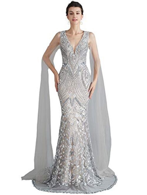 Ikerenwedding Women's V-Neck Sequins Mermaid Evening Dress with Sheer Sleeves