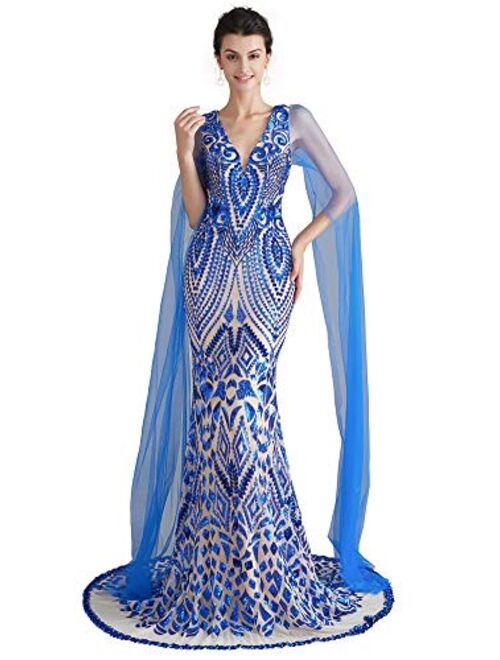 Ikerenwedding Women's V-Neck Sequins Mermaid Evening Dress with Sheer Sleeves