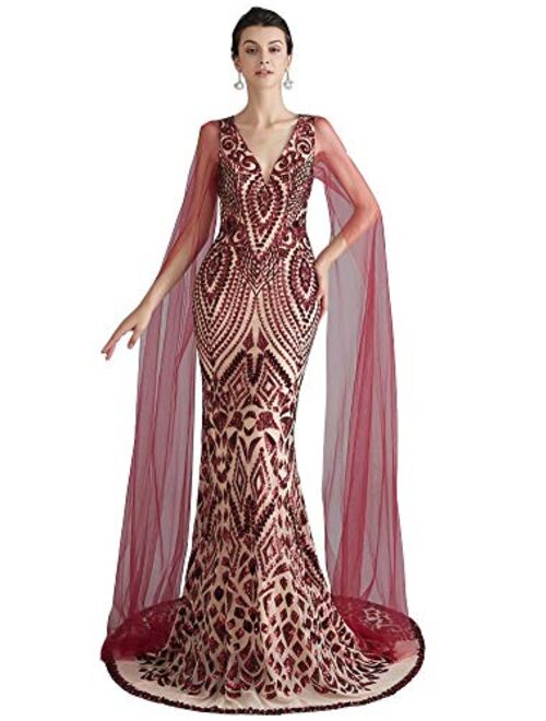 Ikerenwedding Women's V-Neck Sequins Mermaid Evening Dress with Sheer Sleeves