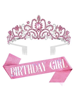 Pink Birthday Tiara and Sash for Women ,Araluky HAPPY Birthday Crowns Comb Girl Sash Princess Crystal Headband Supplies Gifts for Girl Women with Fun Party Pink polarized