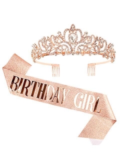 Pink Birthday Tiara and Sash for Women ,Araluky HAPPY Birthday Crowns Comb Girl Sash Princess Crystal Headband Supplies Gifts for Girl Women with Fun Party Pink polarized