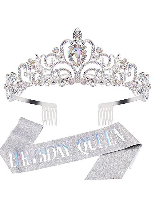 Pink Birthday Tiara and Sash for Women ,Araluky HAPPY Birthday Crowns Comb Girl Sash Princess Crystal Headband Supplies Gifts for Girl Women with Fun Party Pink polarized