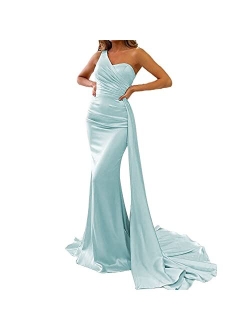 Mermaid Evening Gown One Shoulder Satin Long Prom Dresses Ball Gowns for Women Formal with Train