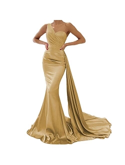 Mermaid Evening Gown One Shoulder Satin Long Prom Dresses Ball Gowns for Women Formal with Train