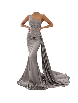 Mermaid Evening Gown One Shoulder Satin Long Prom Dresses Ball Gowns for Women Formal with Train