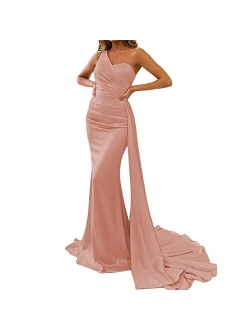 Mermaid Evening Gown One Shoulder Satin Long Prom Dresses Ball Gowns for Women Formal with Train