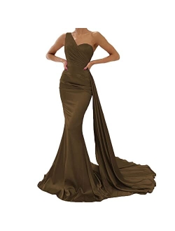 Mermaid Evening Gown One Shoulder Satin Long Prom Dresses Ball Gowns for Women Formal with Train