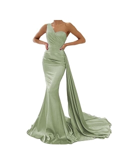 Mermaid Evening Gown One Shoulder Satin Long Prom Dresses Ball Gowns for Women Formal with Train