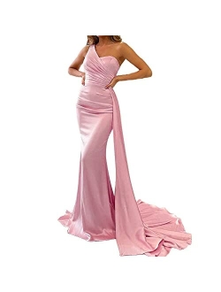 Mermaid Evening Gown One Shoulder Satin Long Prom Dresses Ball Gowns for Women Formal with Train