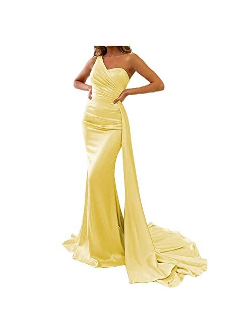 Mermaid Evening Gown One Shoulder Satin Long Prom Dresses Ball Gowns for Women Formal with Train